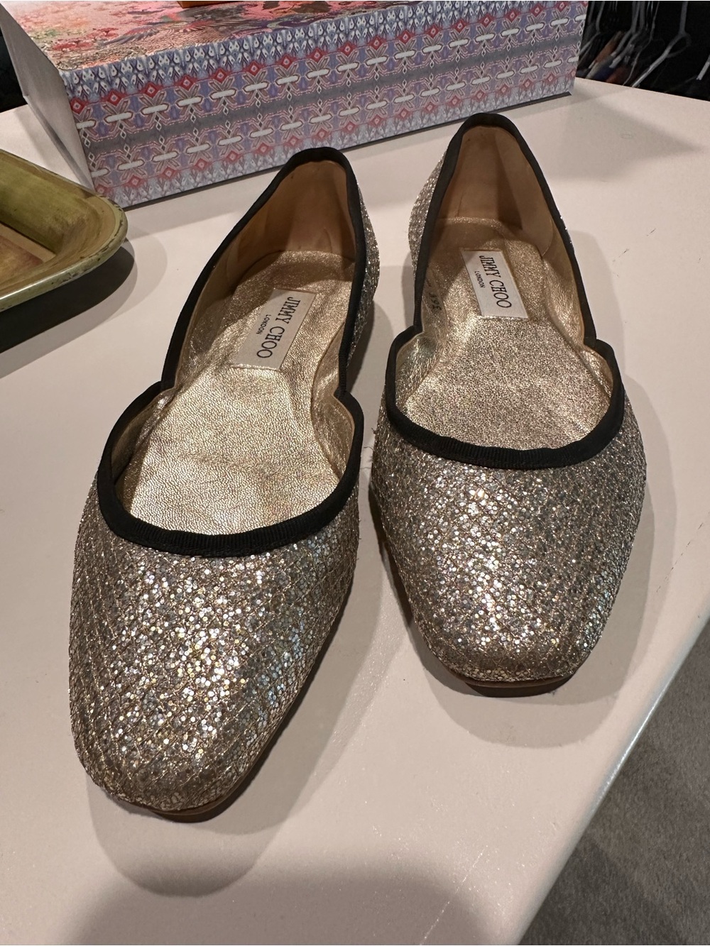 Jimmy Choo Gold Glitter Trimmed Ballet Flats
